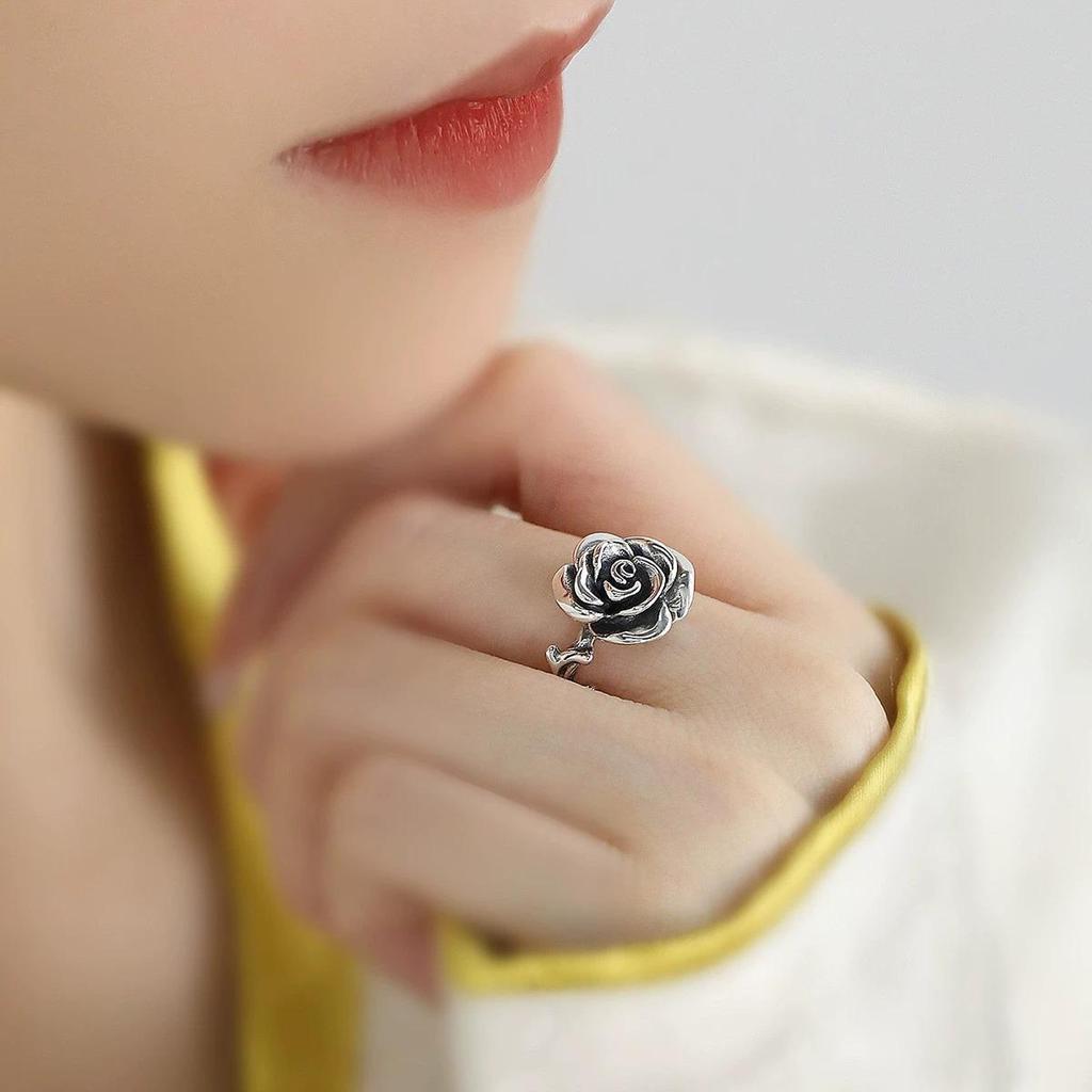 Adjustable 925 Sterling Silver Rose Ring - Retro Chinese Style