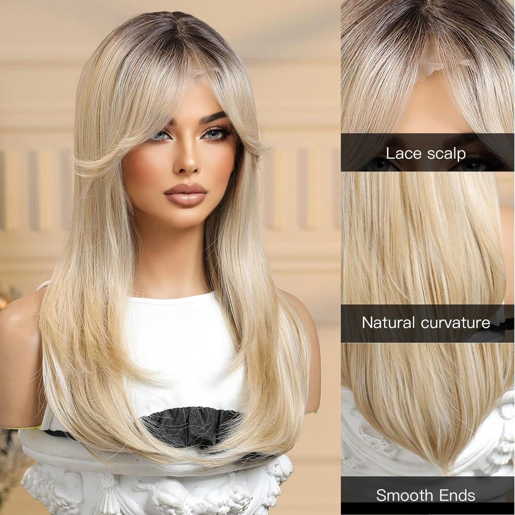 ALAN EATON Длинные прямые парики из кружевных волос, парик с эффектом омбре, блонд, коричневый, с челкой, термостойкое волокно