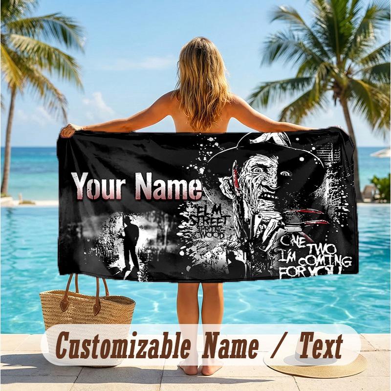 Custom Text Beach Towel, Soft Absorbent Swimming Multi-use TowelA Nightmare on Elm Street Freddy Krueger