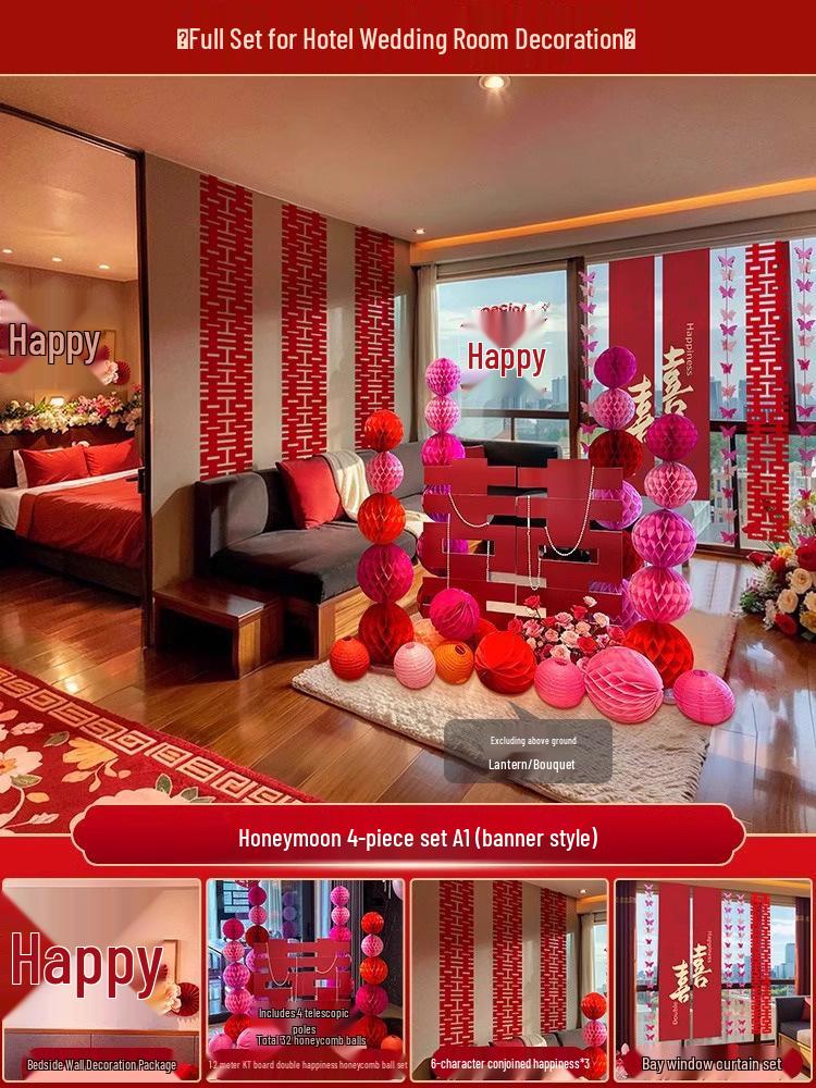 Bridal Wedding Room Decoration Set with No-Trace Double Happiness for Hotels and Living Rooms