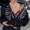 Y2K Rhinestone Skeleton Hoodies Women Gothic Black Red Zip-up Sweatshirts Female Retro Harajuku Hooded Coats Streetwear