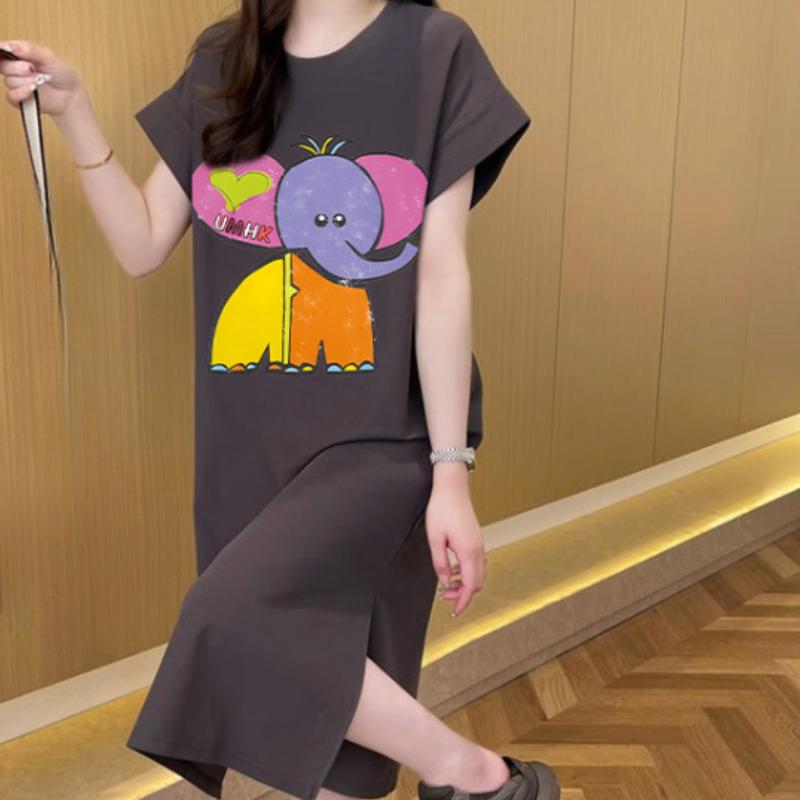 Женская футболка с короткими рукавами и рисунком, корейская версия свободного повседневного утягивающего платья с разрезом и летящими рукавами