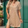 Women's Fashion Summer Spring Solid Color Print Short Sleeve V-Neck Loose Waistline Casual Dresses