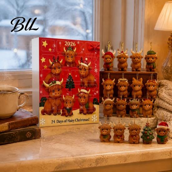 Festive Party Supplies Highland Cow Christmas Advent Calendar with 24 Acrylic Ornaments, Countdown Gift for Box Holiday Tree Hanging Decor And