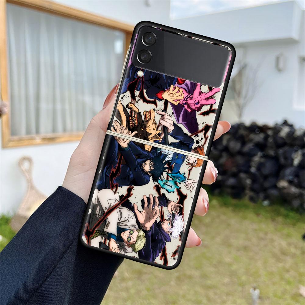 Роскошный чехол для Samsung Galaxy Z Flip 4 3 5G Черные жесткие ПК чехлы для телефона Модная задняя крышка ZFlip Funda Jujutsu Kaisen Аниме-оболочка