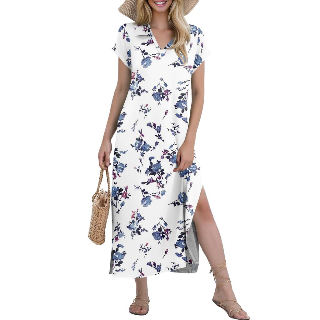 Женские повседневные удобные платья с V-образным вырезом, свободным подолом с разрезом, короткими рукавами, с цветочным принтом, длинные
