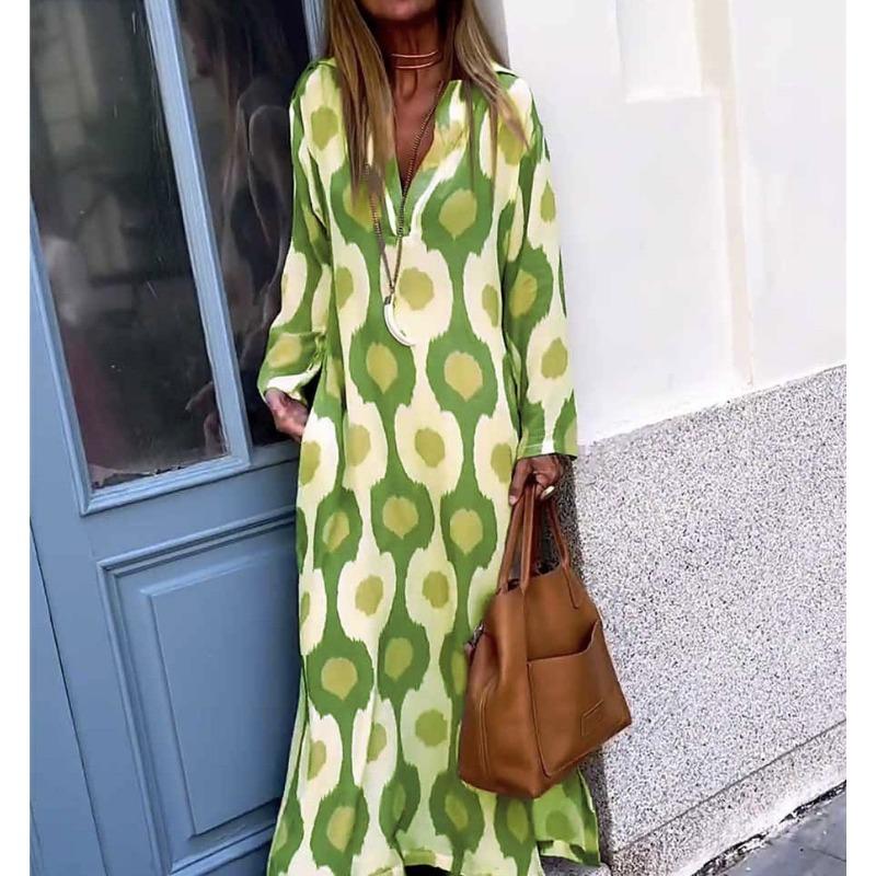 YYFS Женская мода весна осень цвет блок принт длинный рукав V-образный вырез свободная талия повседневные платья