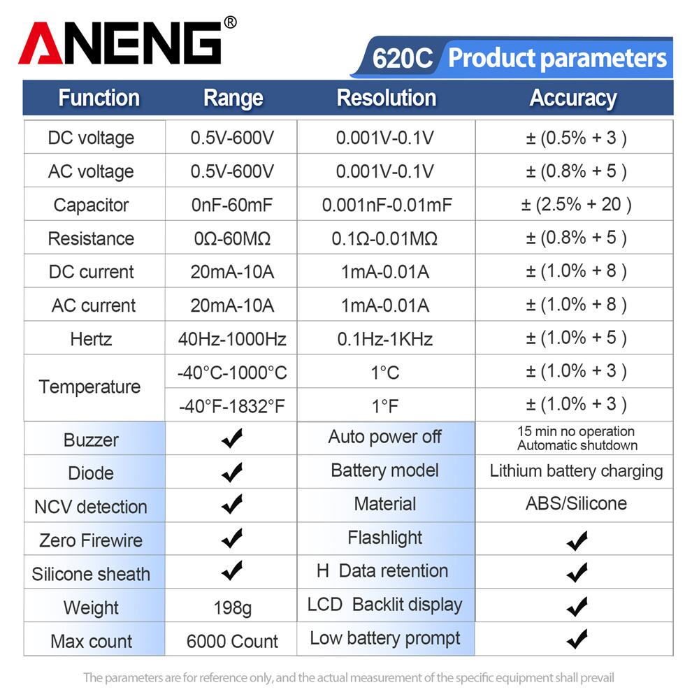 Многофункциональный цифровой мультиметр ANENG 620C, перезаряжаемый, профессиональный, с бесконтактным определением напряжения, измерение переменного/постоянного напряжения, ЖК-экран, инструменты для измерения тока