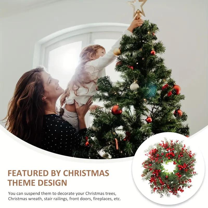 Искусственный рождественский венок, Искусственное зеленое растение Эвкалипт Сосновая ветка Красные ягоды Пластиковый венок Подвеска на дверь