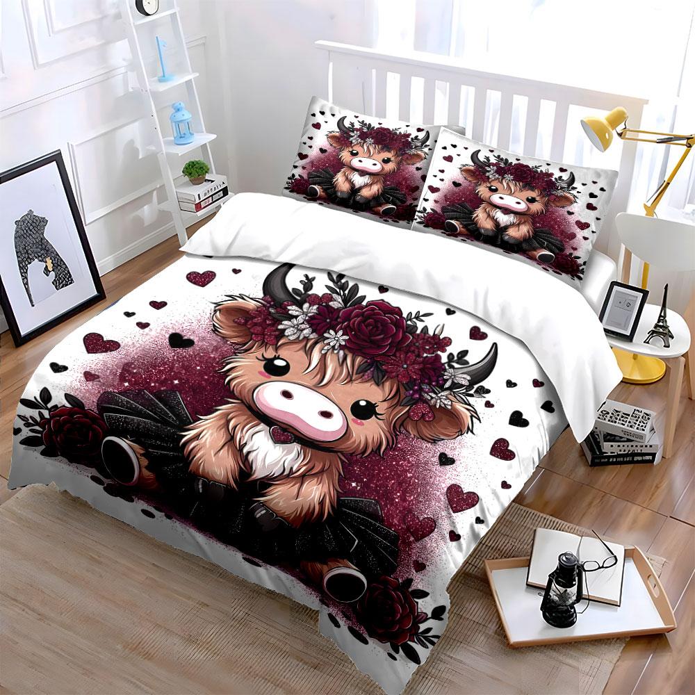 Cute Floral Cow with Hearts Bedding Duvet Cover Set Duvet Cover Pillowcases (1*Duvet Cover 2*Pillowcases, without duvet insert)