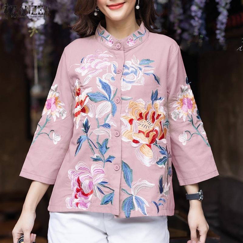 ZANZEA Women Stand Collar Loose Casual 3/4 Sleeve Floral Blouse