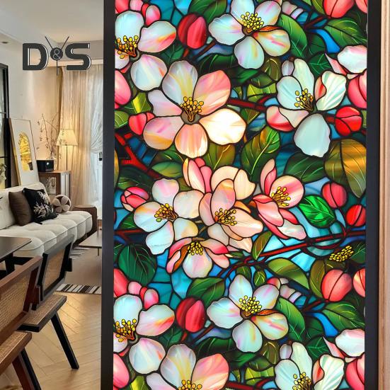 Stained Glass Static Window Film Vintage Flower Privacy Protection Sun Blocking Glass Cling Waterproof PVC Window Covering Film