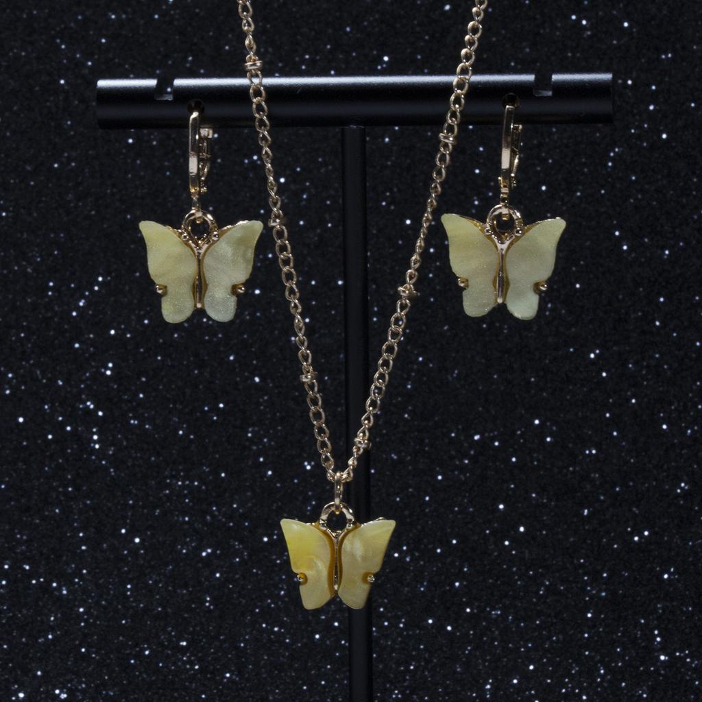Acrylic Butterfly Pendant Earrings Necklace Combination Set Japan And South Korea Sweet Style Alloy Chain Jewelry Set