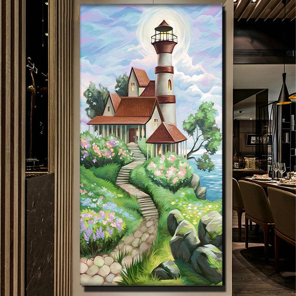 5dv Village Road Lighthouse Large Diy Diamond Painting Cross Stitch Full Square Round Drill Rhinestone Embroidery Home Decor R56