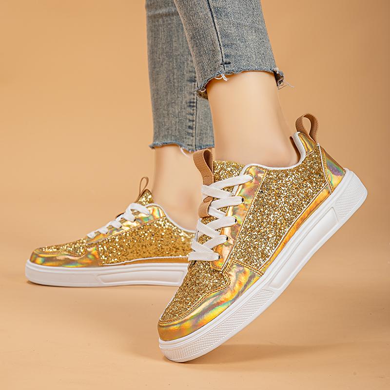 Мода Модные золотые женские кроссовки Роскошные женские кроссовки с пайетками из вулканизированной кожи Удобные повседневные кроссовки Женские дизайнерские туфли tênis feminino