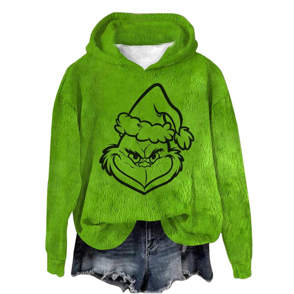 Women's Hooded Long Sleeve Christmas Printed Flannel Top Hooded Sweatshirt