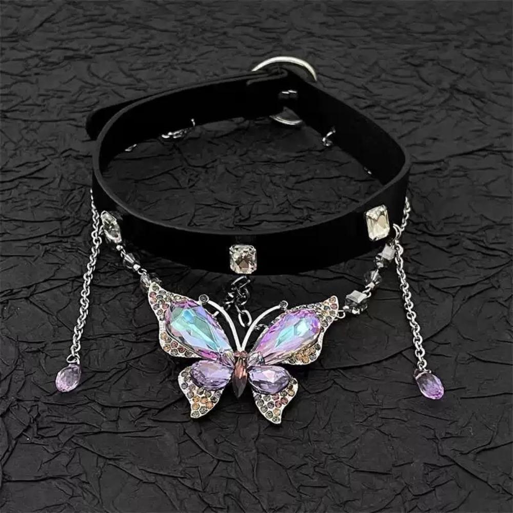 PU Leather Rhinestone Choker Crystal Women Accessory Fashion Butterfly Pendant Necklace Party