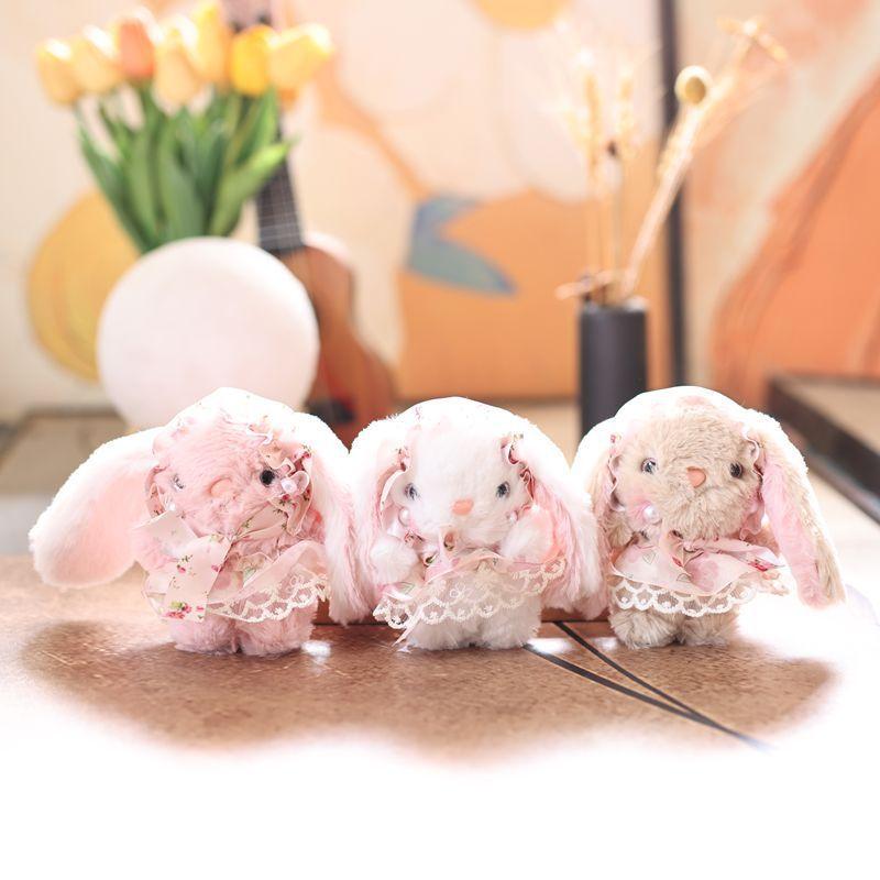 Cute Rabbit Plush Doll With Floral Lace Long Skirt Design For Bag Ornament And Collection