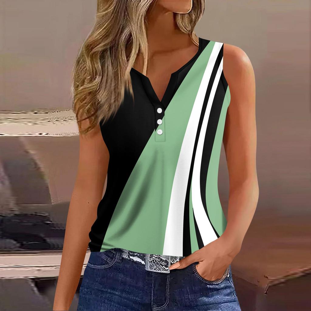 Жен. Футболка Футболка С принтом Пуговицы Без рукавов Повседневные Выходные Мода Классический V-образный вырез Обычный Верх