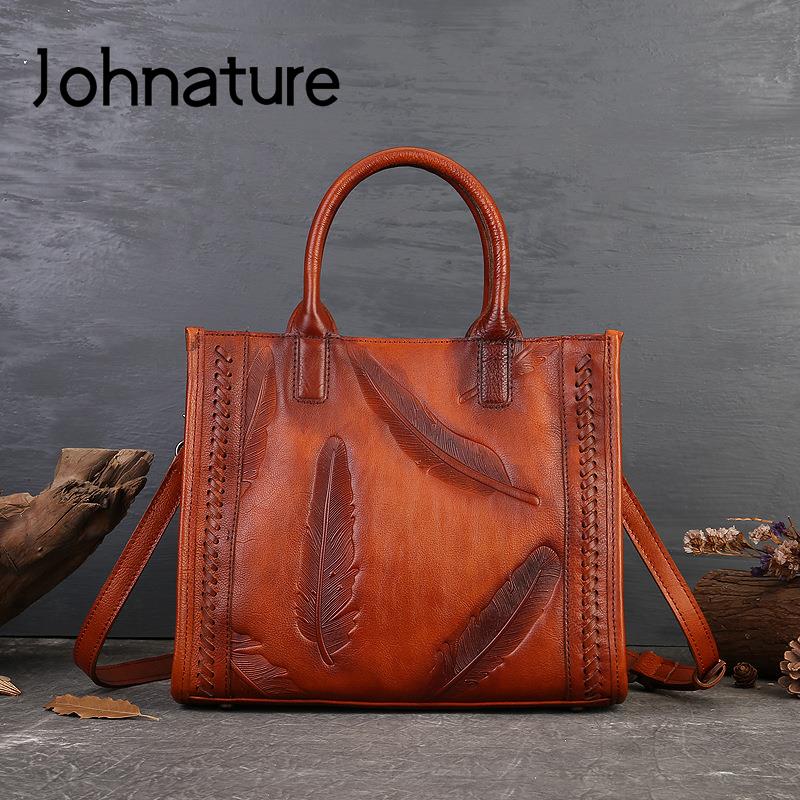 Johnature Ретро-сумка с тиснением перьев, женская сумка из натуральной кожи, большая вместительная повседневная сумка из натуральной яловой кожи