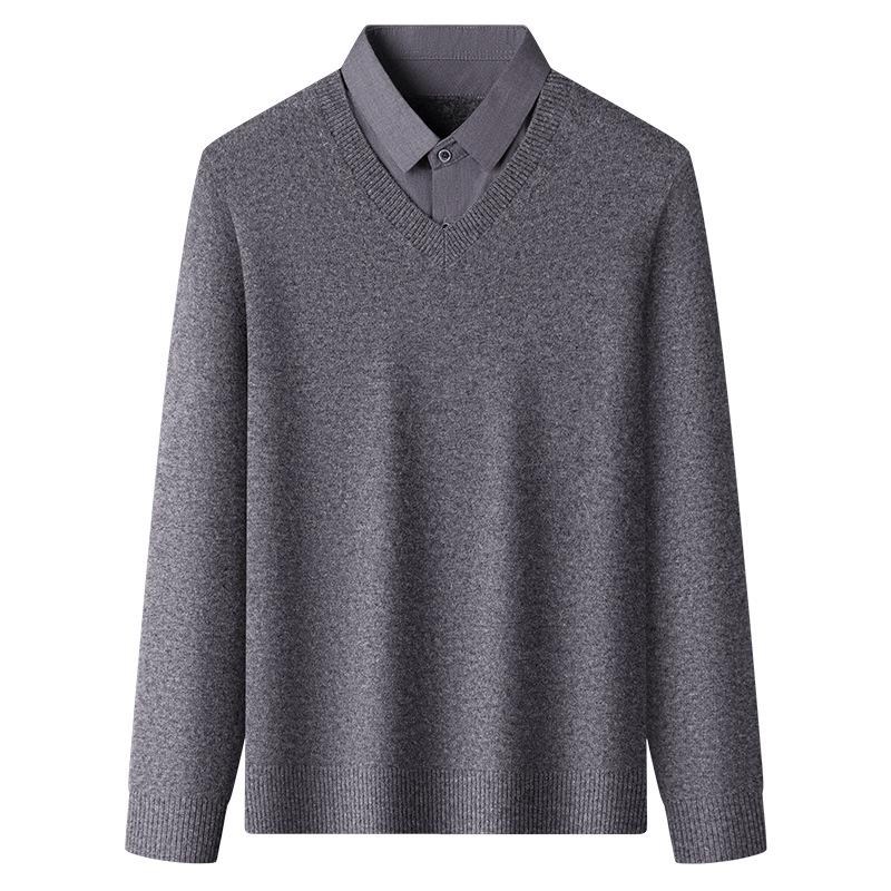 2025 Men's Thick Wool V-Neck Lapel Sweater - Fake Two-Piece Business Knitwear