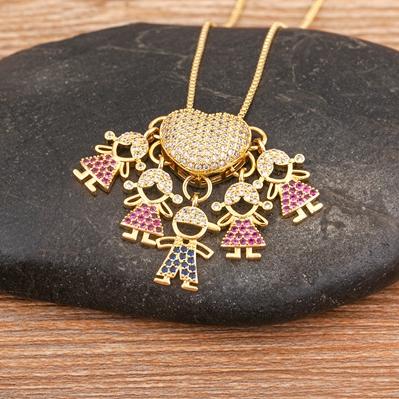 Nidin Personalized Gold Plated Boy Girl Kids Heart Pendant Zircon Necklace Mom Child Birthday Colar Mother's Day Gift Jewelry