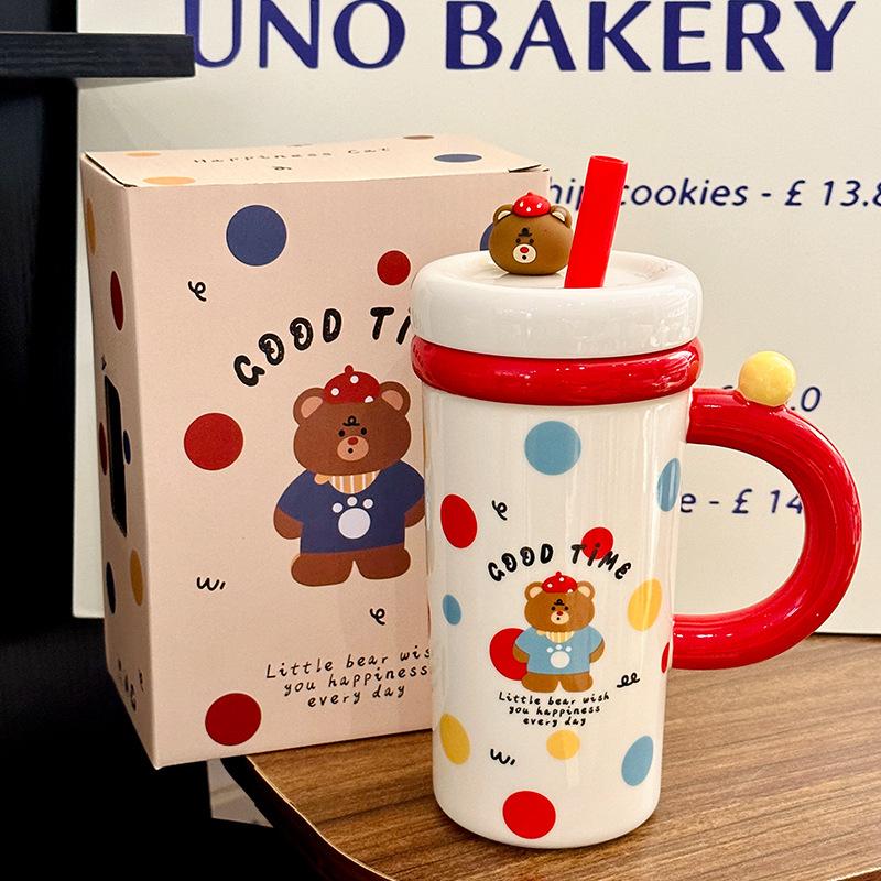 Cartoon Straw Cup Large Capacity Ceramic Drinking Cup with Lid  Cute Animal Breakfast Milk Cup  Souvenir
