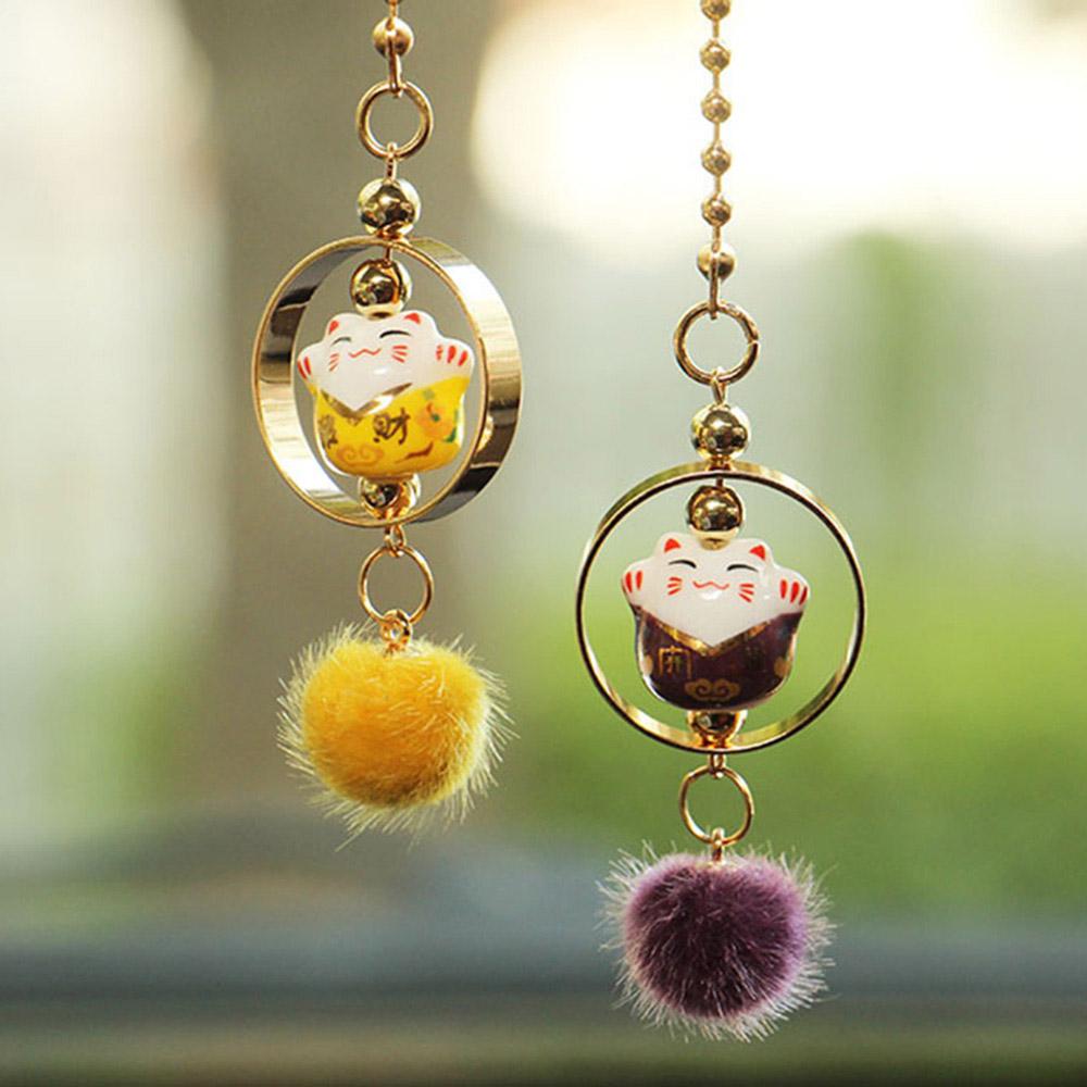 2Pcs Car Pendant Smiling Lucky Cartoon Cat Decoration Auto Interior Rear view Mirror Fur tassels Hanging Ornament Accessories
