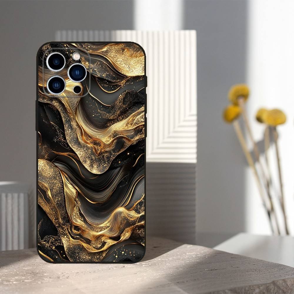 Black Gold Art Marble For iPhone 12,14,13,15,16,11,17,X,Mini,XR,SE,XS,Plus,Pro,Max,8,7,Soft Silicone Black Case