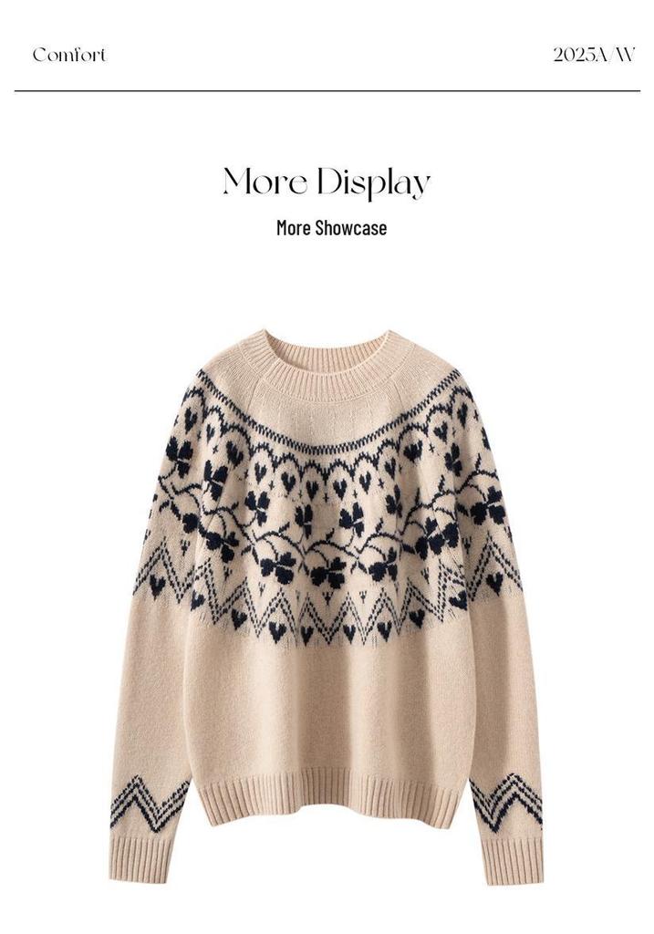 Women's Fair Isle Color Block Cashmere Knit Sweater: Autumn/Winter Slim Fit Pullover