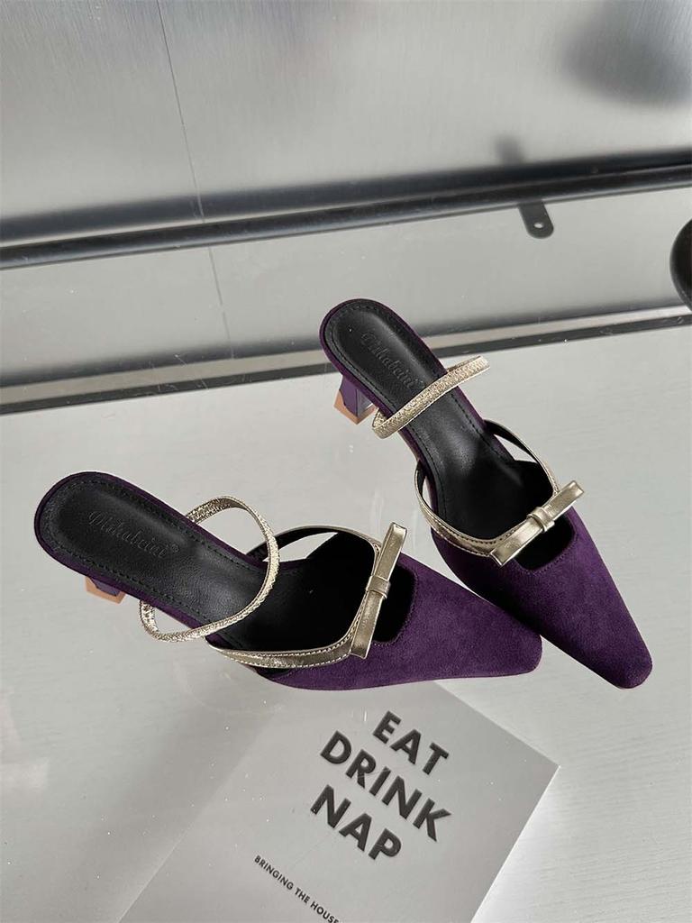 Мода Модные женские босоножки с острым носком Летние черные фиолетовые бежевые неглубокие туфли без застежек Женские туфли-лодочки Размер 35-39 Вечерние туфли-лодочки Сандалии 39