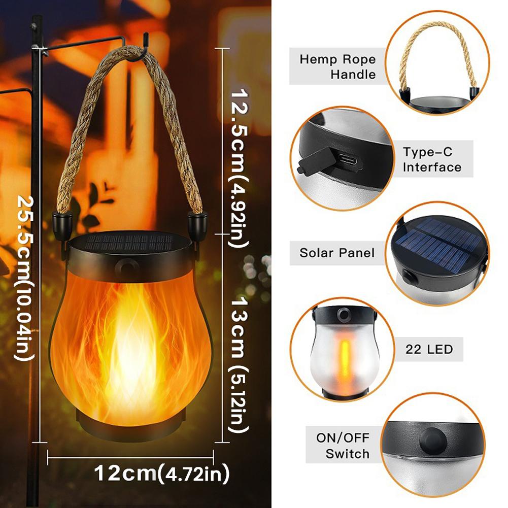 Solar Flame Light Rechargeable Hanging Courtyard Decoration Garden Lantern Lighting Lamp with Hemp Rope Outdoor Camp Decor Lamp