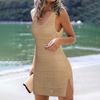 Women Knitting Beach Dress O-Neck Sleeveless Solid Color Cover Up Dress Side