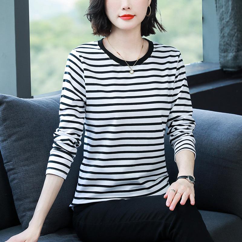 Large Size Loose Cotton Long Sleeve T-shirt Women's Middle-aged and Elderly Clothes Autumn Clothes Striped Base Layer Shirts