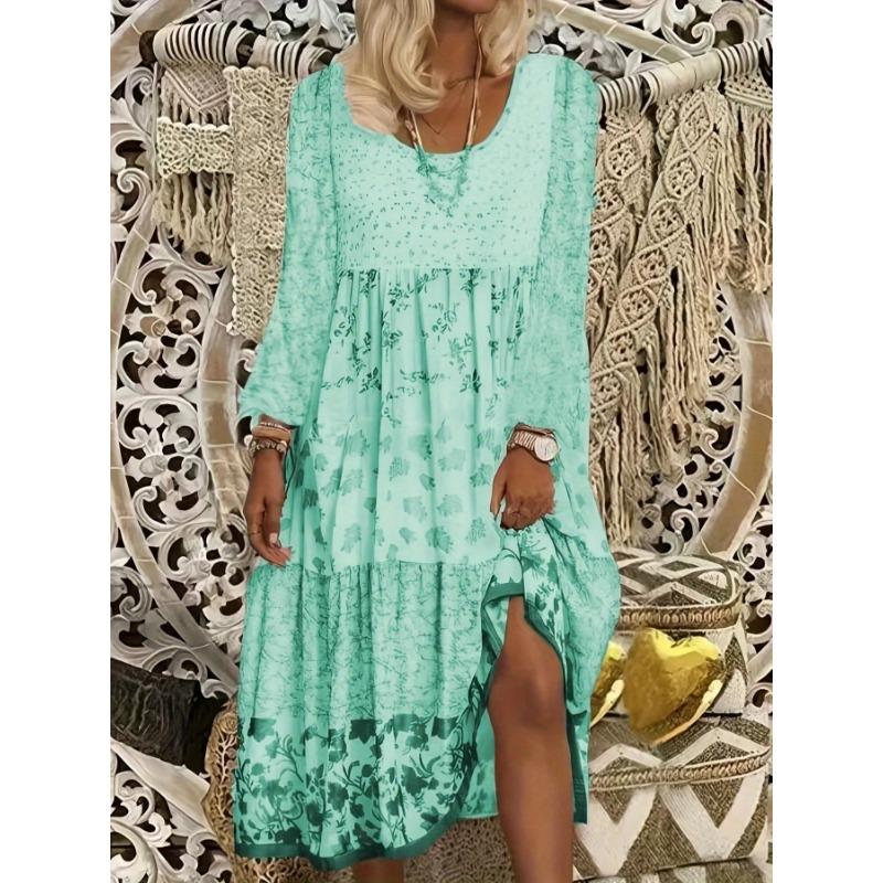Women Long Sleeve Printed Round Neck Casual Dress