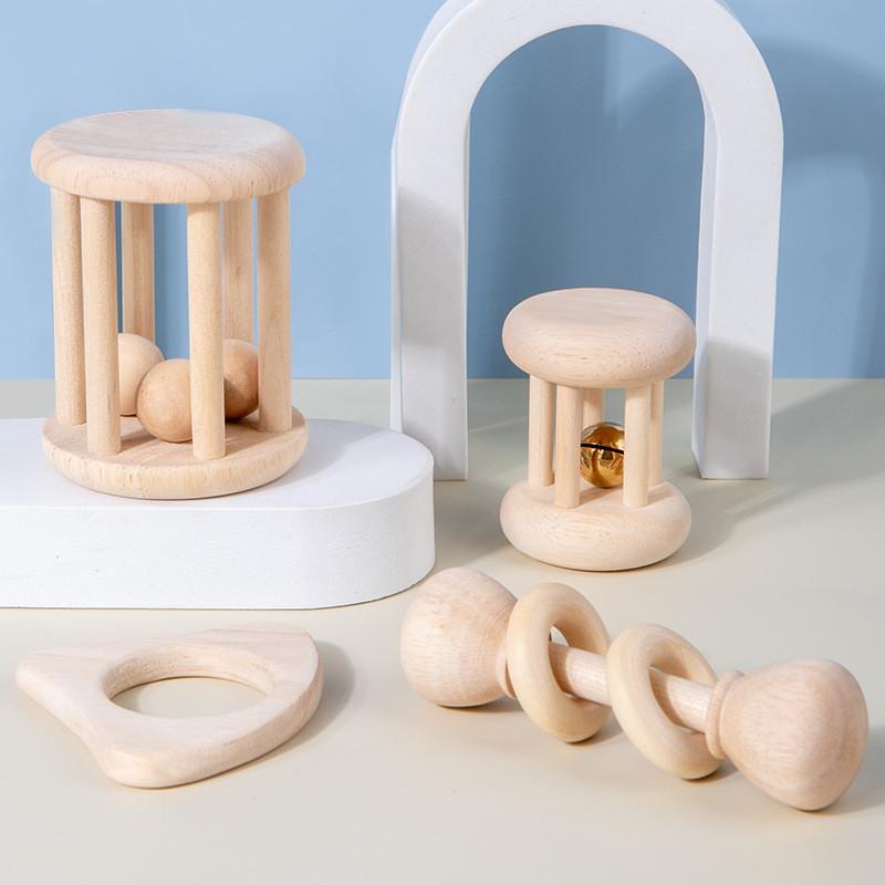 Wooden Baby Natural Rattle Set Toy With Sounding Features For Kids Sensory Play