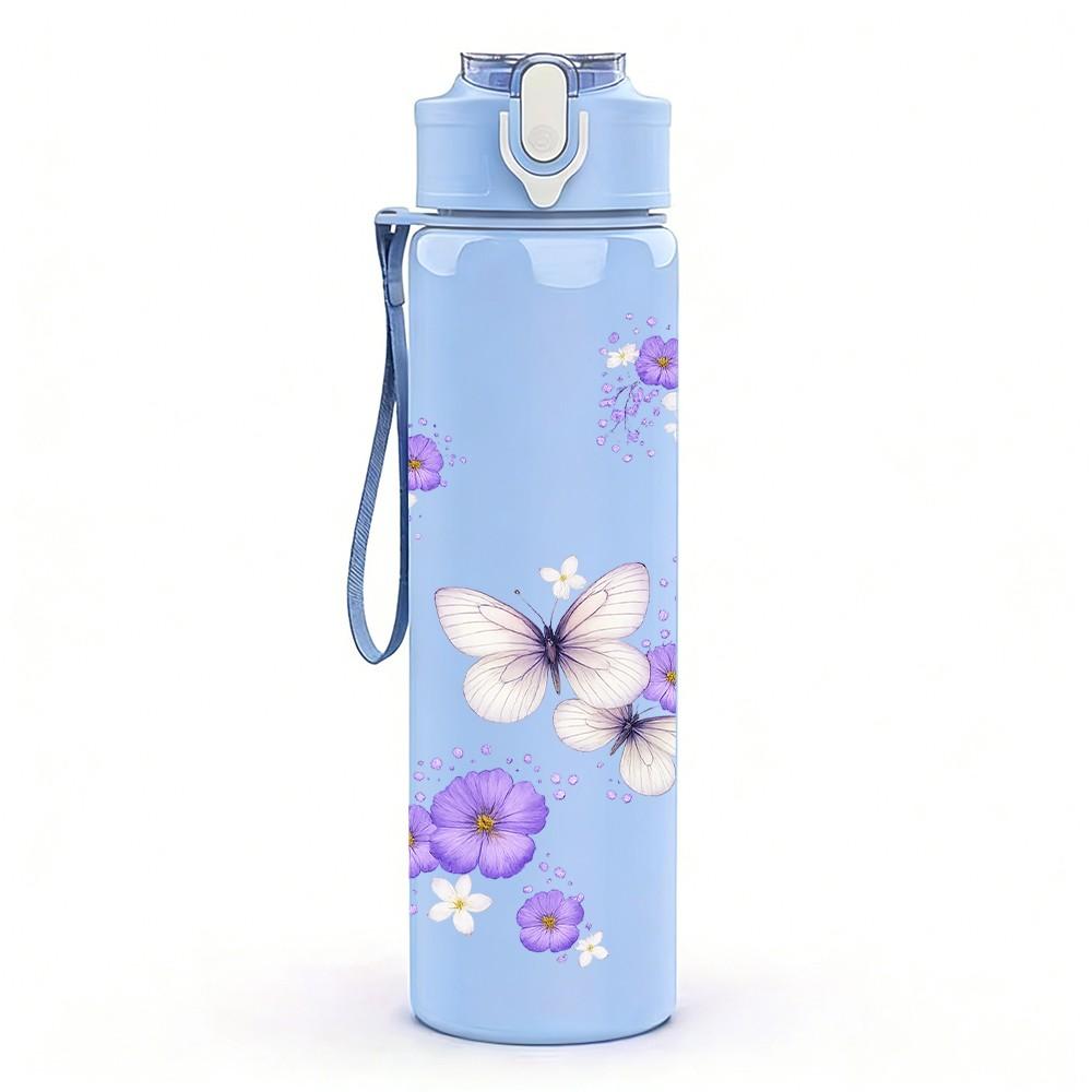 1PC Light Purple Butterfly Floral Print 750ml Color Plastic Sports Water Bottle Leakproof Flip Straw Lid Suitable for Sports Office Home Use