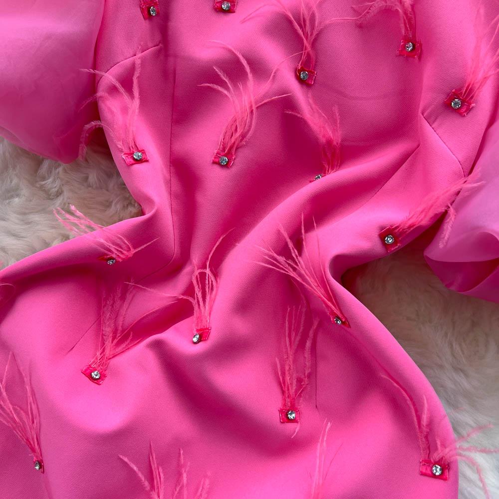 Women High Quality Beading Party Dress Summer Puff Short Sleeve Feather Design Slim Sundress French Vintage Split Midi Pencil Dress