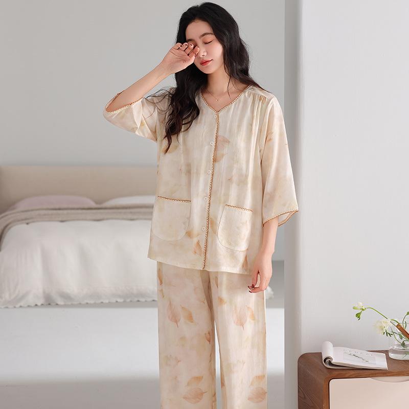 Lyocell pajamas women's spring summer seven-quarter-sleeved nine-point pants middle-aged mother cardigan casual loungewear thin suit