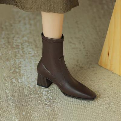 Грубый каблук короткие ботинки женские зимние новые французские маленькие ботильоны модный темперамент высокий каблук модные ботинки ретро тонкие эластичные ботинки