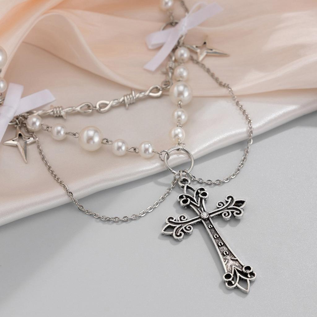 Сладкий и Крутой Чокер с Бантиком, Уникальное Ожерелье с Подвеской в виде Крестов, с Жемчугом и Бантиком для Модного Заявления