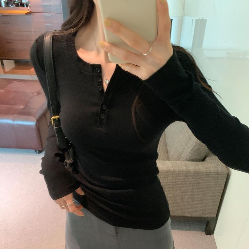 Half-open Neck Button Front Shoulder T-shirt Women's Bottoming Shirt Spring Slim-fit Spice Girl Style Versatile Long-sleeved Inner Top