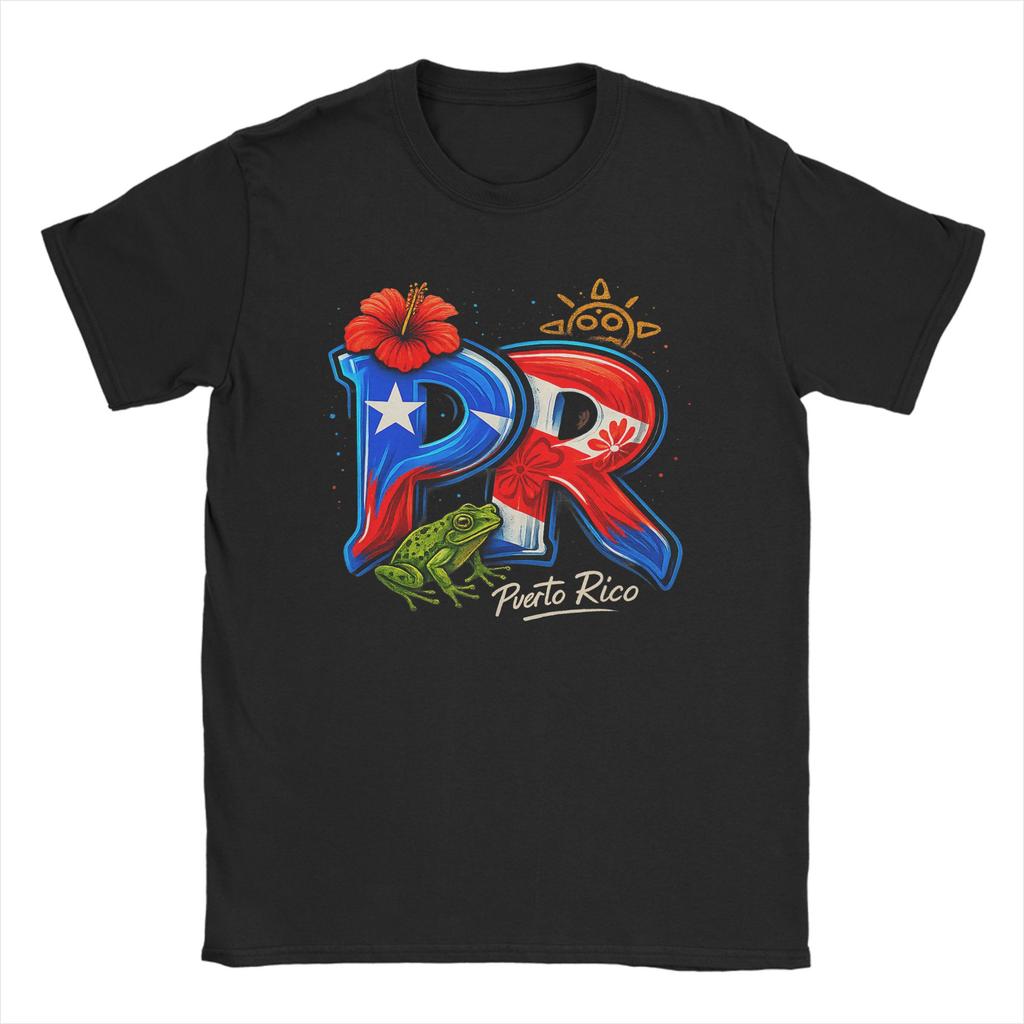 Men's Puerto Rico PR Hibiscus Coqui Frog T Shirt 100% Cotton Tops Vintage Short Sleeve Crew Neck Tees Graphic T-Shirts