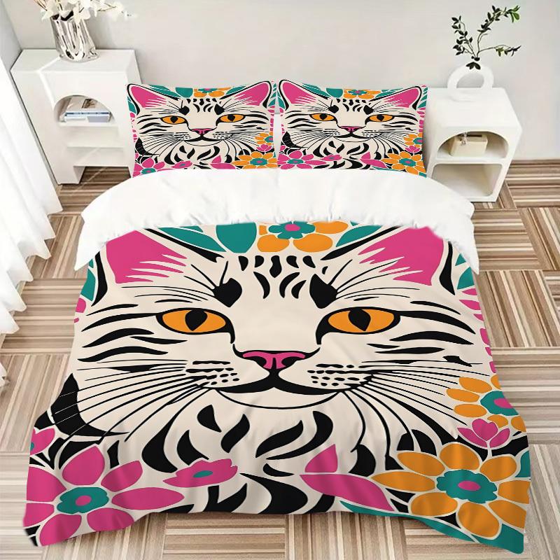 3PCs Cat Floral Print Design Cover Set, Breathable Fabric, Machine Washable (1 Duvet Cover + 2 Pillowcases) (Without Quilt) yy250911156