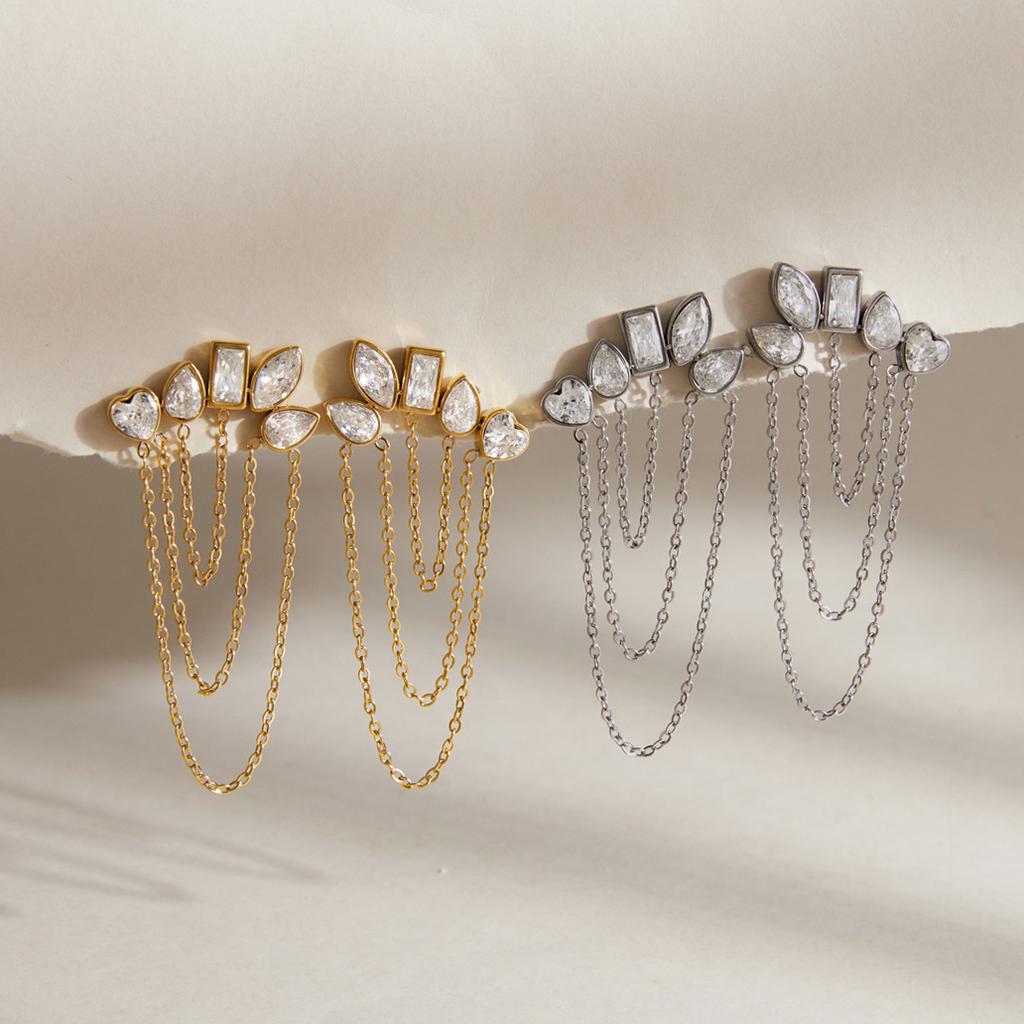 Stainless Steel Mixed Cut CZ Chain Tassel Earrings 18K Gold Plated Heart Teardrop Baguette CZ Statement Dangle Earrings