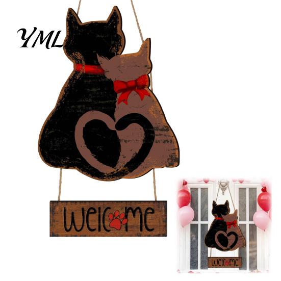 Welcome Sign for Front Door Wooden Hanging Door, Romantic Cat Couple Holiday Porch Pendant, Rustic Farmhouse Wall Decor Outdoor Entryway Decoration