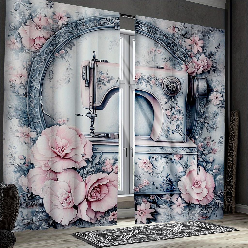 2pcs Vintage Sewing Machine Blackout Curtains Colorful Floral Print Rustic Rod Pocket Drapes for Bedroom & Living Room Semi-T