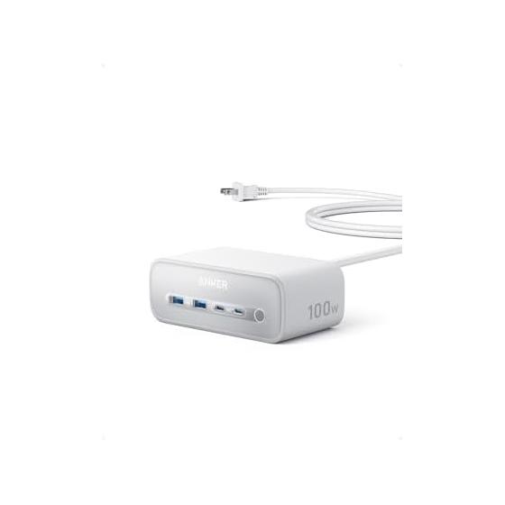 Зарядная станция Anker (7-в-1, 100 Вт) (USB-разветвитель, разветвитель питания, розетка переменного тока, 3 порта, USB-C 2 порта, USB-A 2 порта, удлинитель 1,5 м) белый