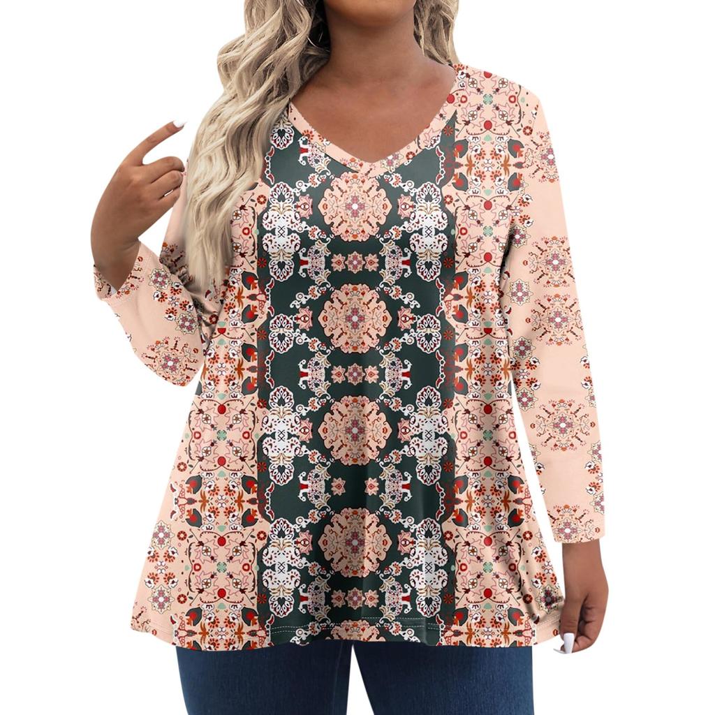 Женские топы больших размеров с длинным рукавом и принтом, рубашки с V-образным вырезом, повседневная одежда, топы