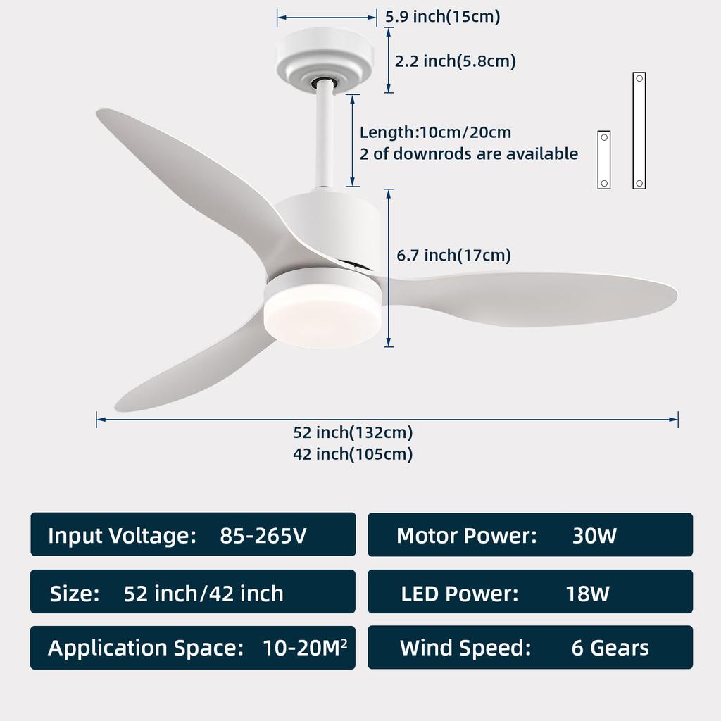 Ceiling Fans with Lights and Remote 52 Inch Quiet Reversible DC Motor Ceiling Fan for Bedroom Living Room Easy To Install